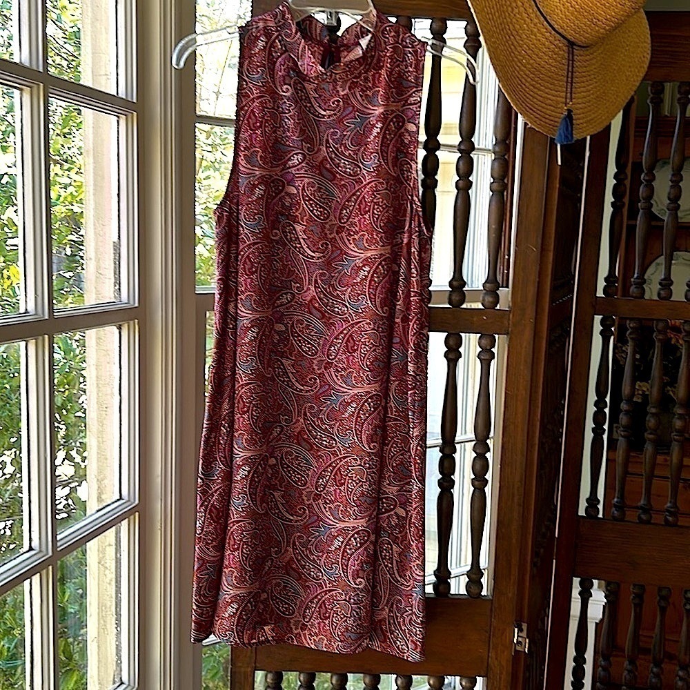 Transitional Collarless Burgundy Shift Dress Paisley Dot Tan Teal Purple Gold